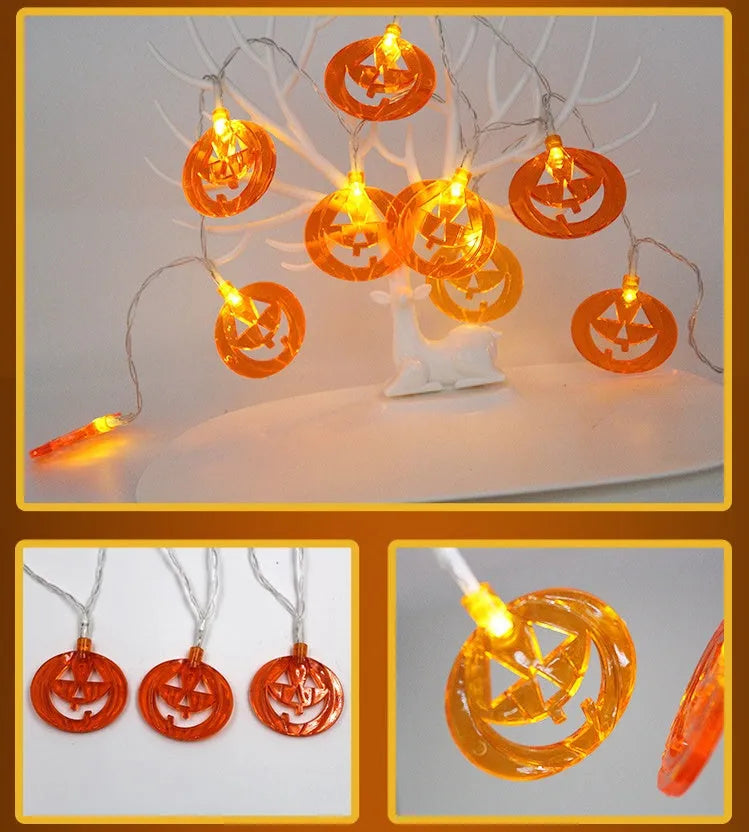 Halloween LED string lights with pumpkin, bat, and ghost pendants on a white wire