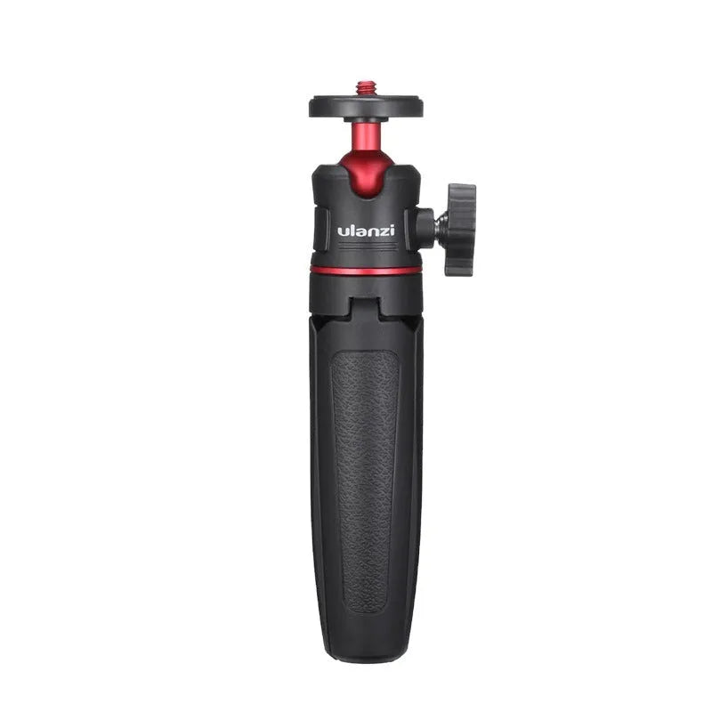 Black red and white mini aluminium tripod with extension stick for mobile phones and sports cameras.