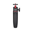 Black red and white mini aluminium tripod with extension stick for mobile phones and sports cameras.