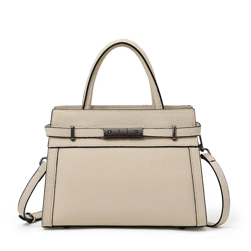 Women's genuine leather crossbody clamshell bag in horizontal square shape with multiple internal compartments