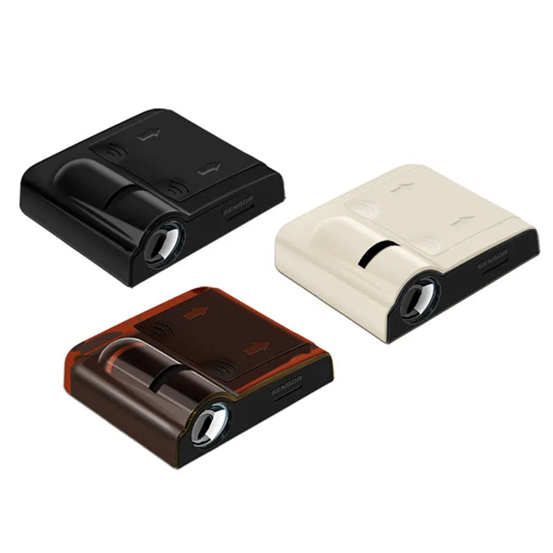 Black or beige ABS plastic car decorative projection radium lamp shown with three AA batteries.
