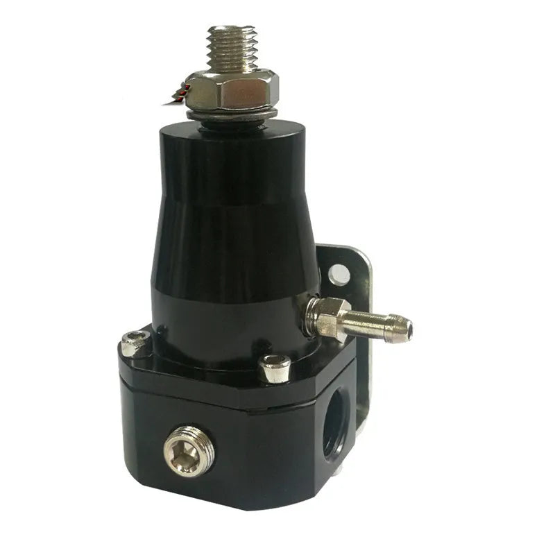 Black CNC aluminum fuel pressure regulator with adjustment port and mounting strap