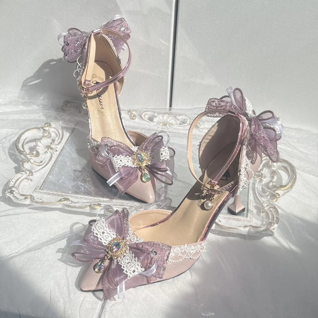 Purple satin Lolita wedding shoes with square toe brackets and stiletto heels