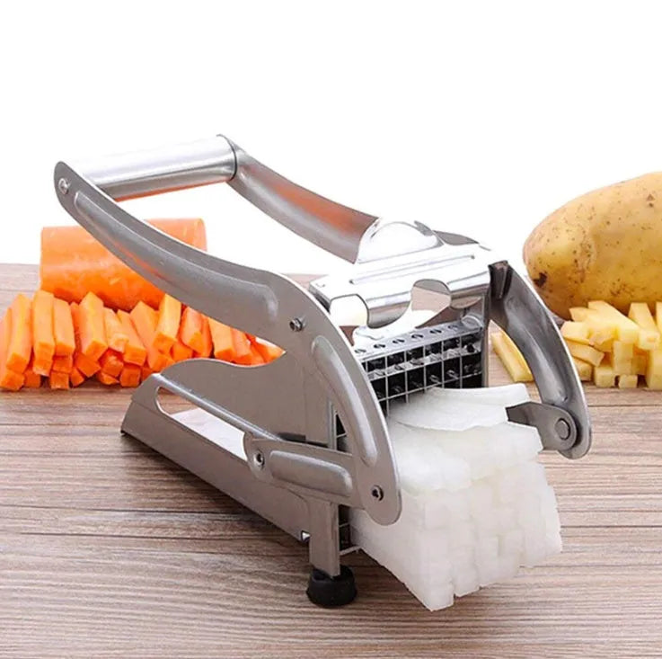 Potato cutter with two stainless steel blades and non-slip rubber base