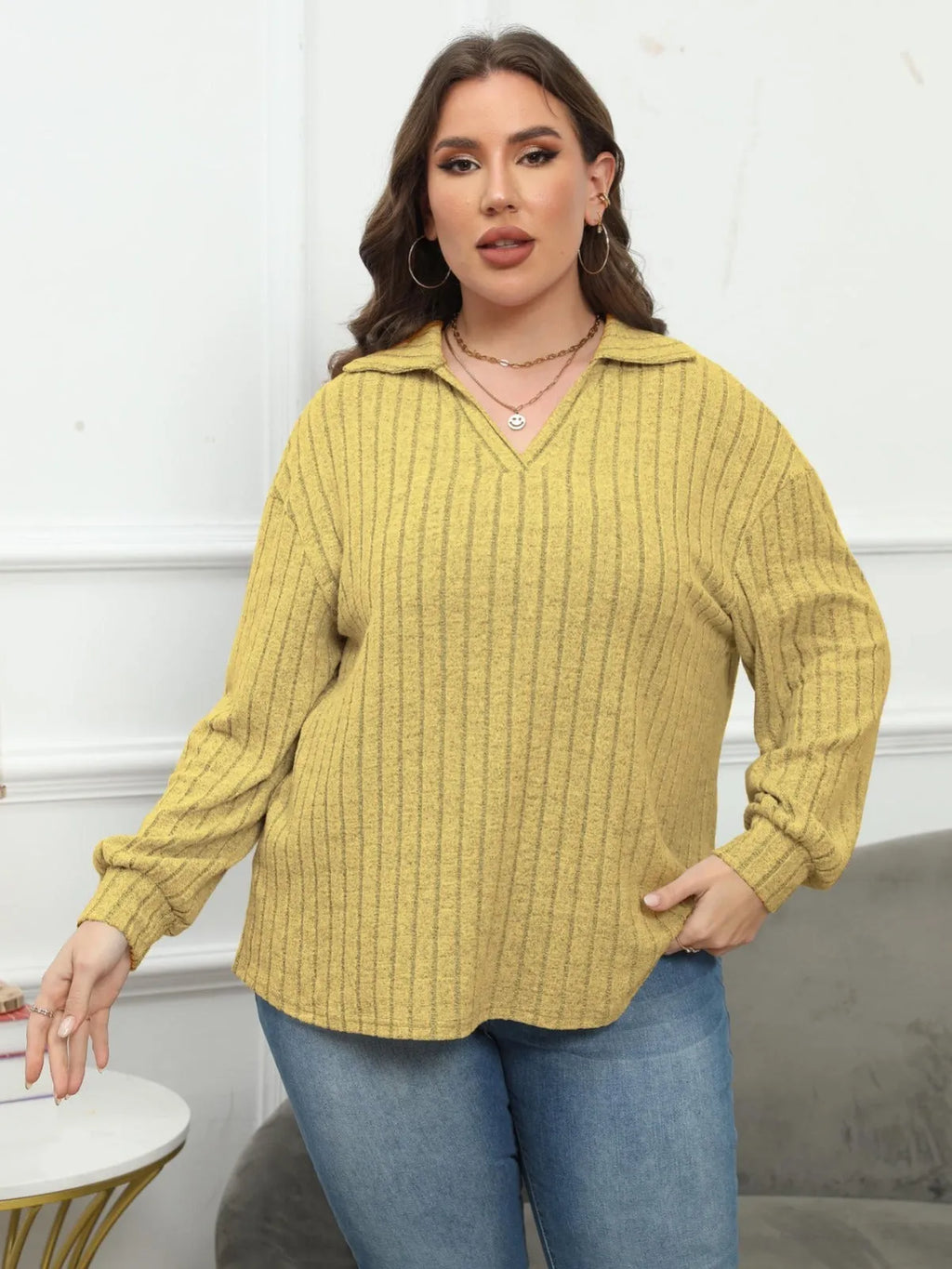 Women's plus size gray Gothic pullover shirt with a polo collar and lantern sleeves.
