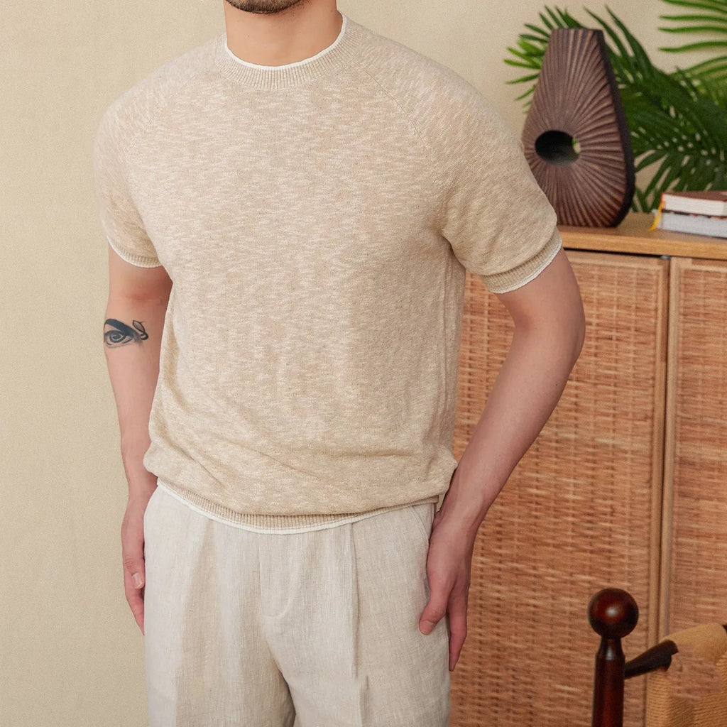 Brown linen cotton casual t-shirt with round neck and short sleeves laid flat