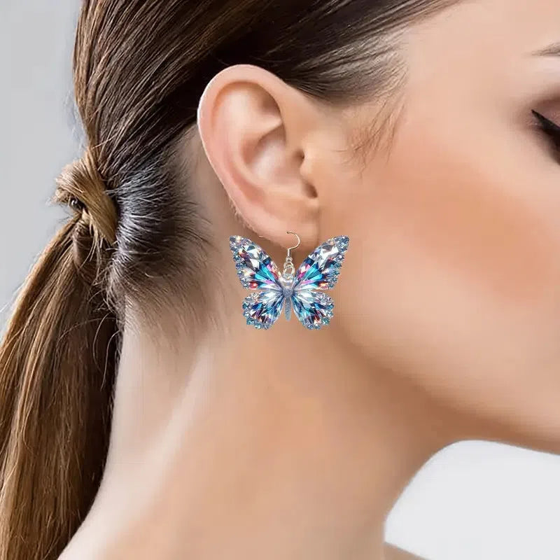 Colourful sparkling 2D acrylic earrings with butterfly design, mallard style finish, unisex