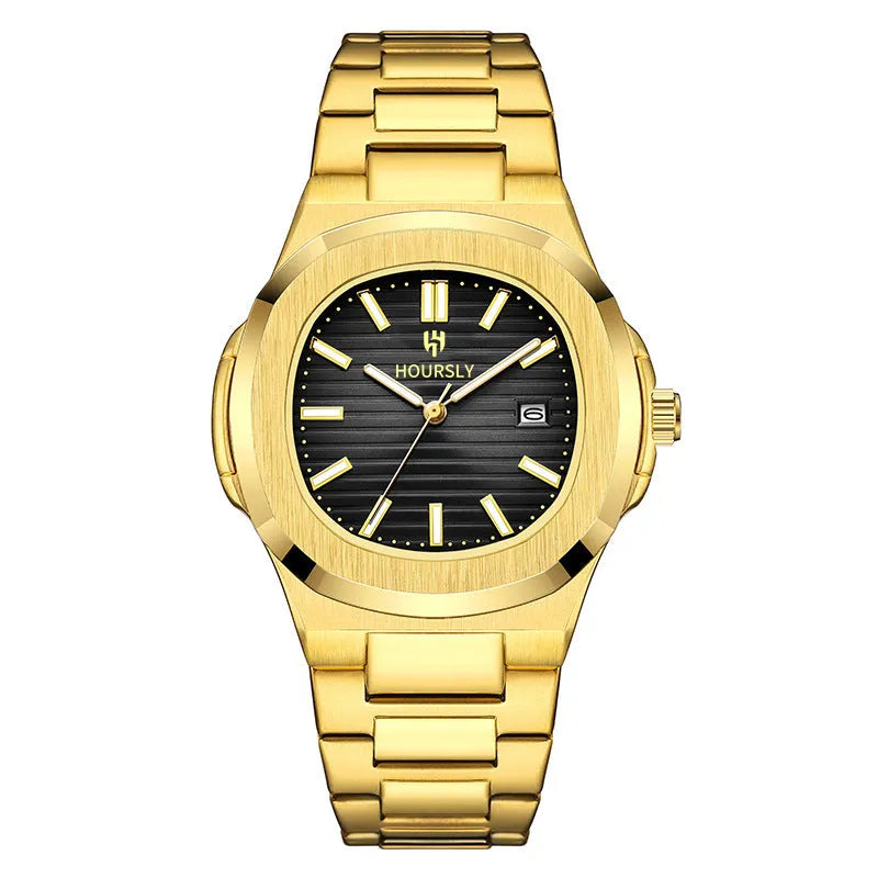 Men's quartz wristwatch with steel belt, gold dial and strap, 11mm thin business watch