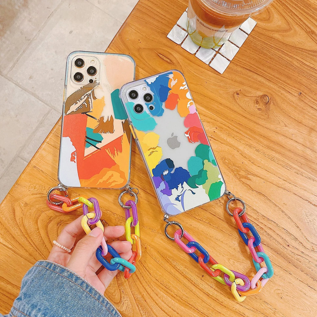 Graffiti print iPhone protective case with integrated wrist bracelet connector in pink design