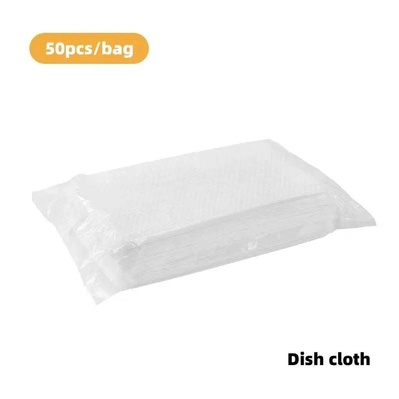 Magic disposable cleaning brush with plastic handle and packet of 50 white non-woven fabric refill wipes.