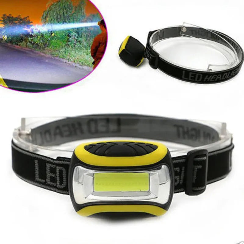 Yellow plastic headlamp with three speed settings and COB LED light for outdoor use.