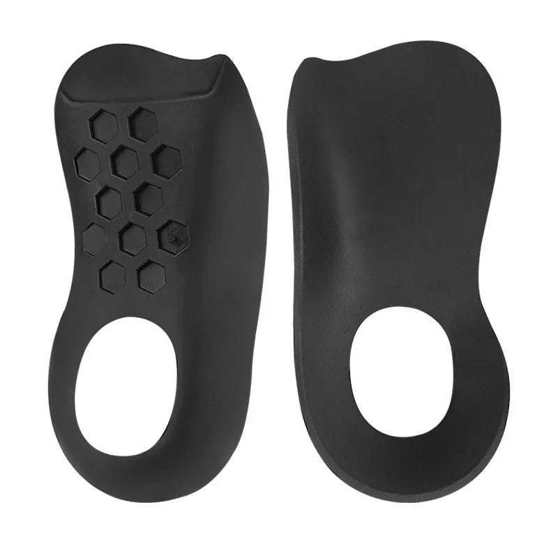 Varus correction arch support insole in TPR material shown in white, black, and skin colour options.