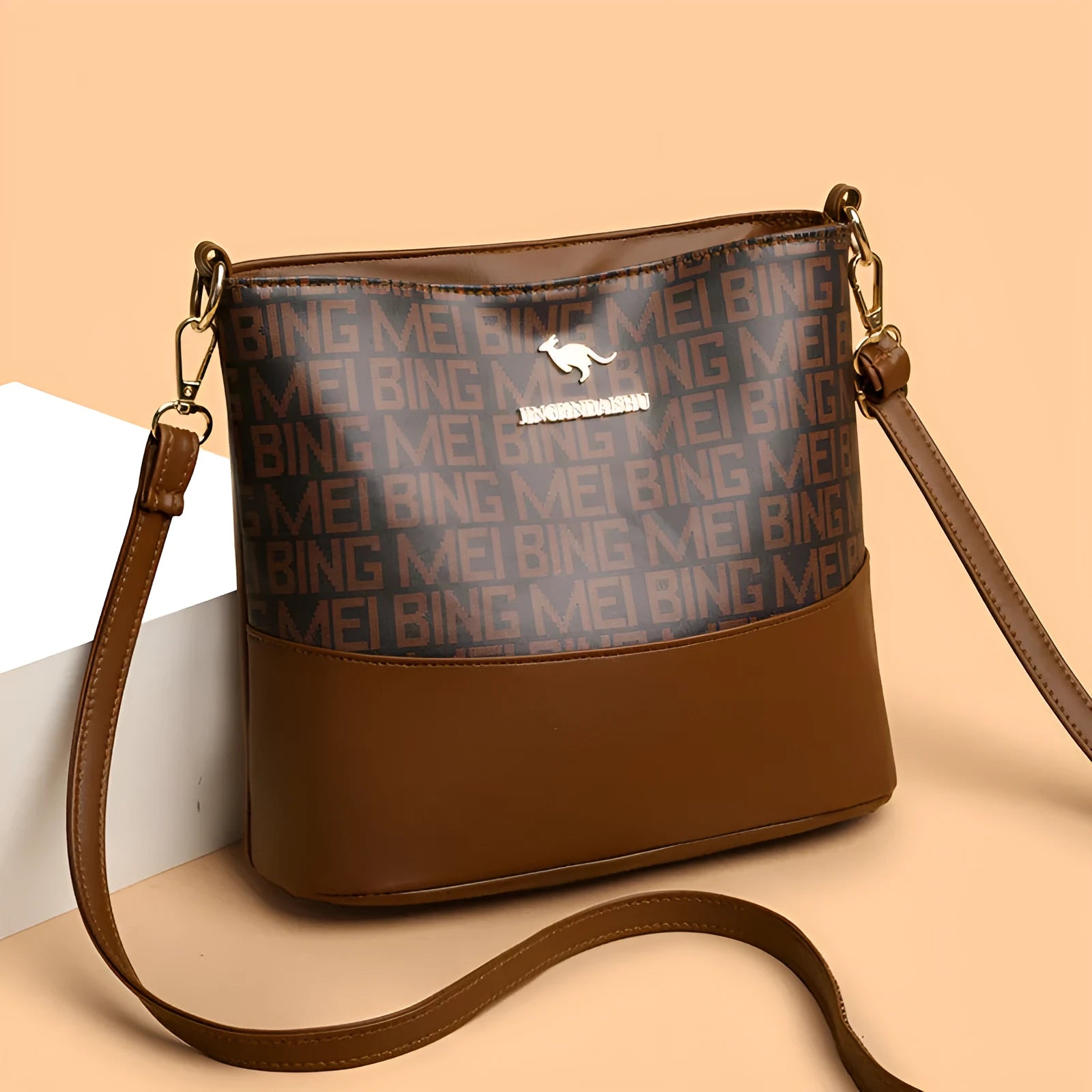 Brown soft PU leather messenger bag with internal phone and file compartments