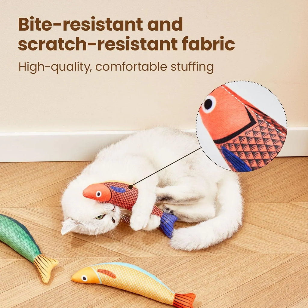 Green, orange and yellow soft plush catnip fish kicker toy measuring 24cm long