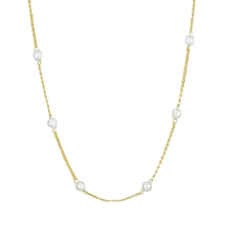 Gold copper pendant pearl necklace with ball bead chain on a geometric pendant