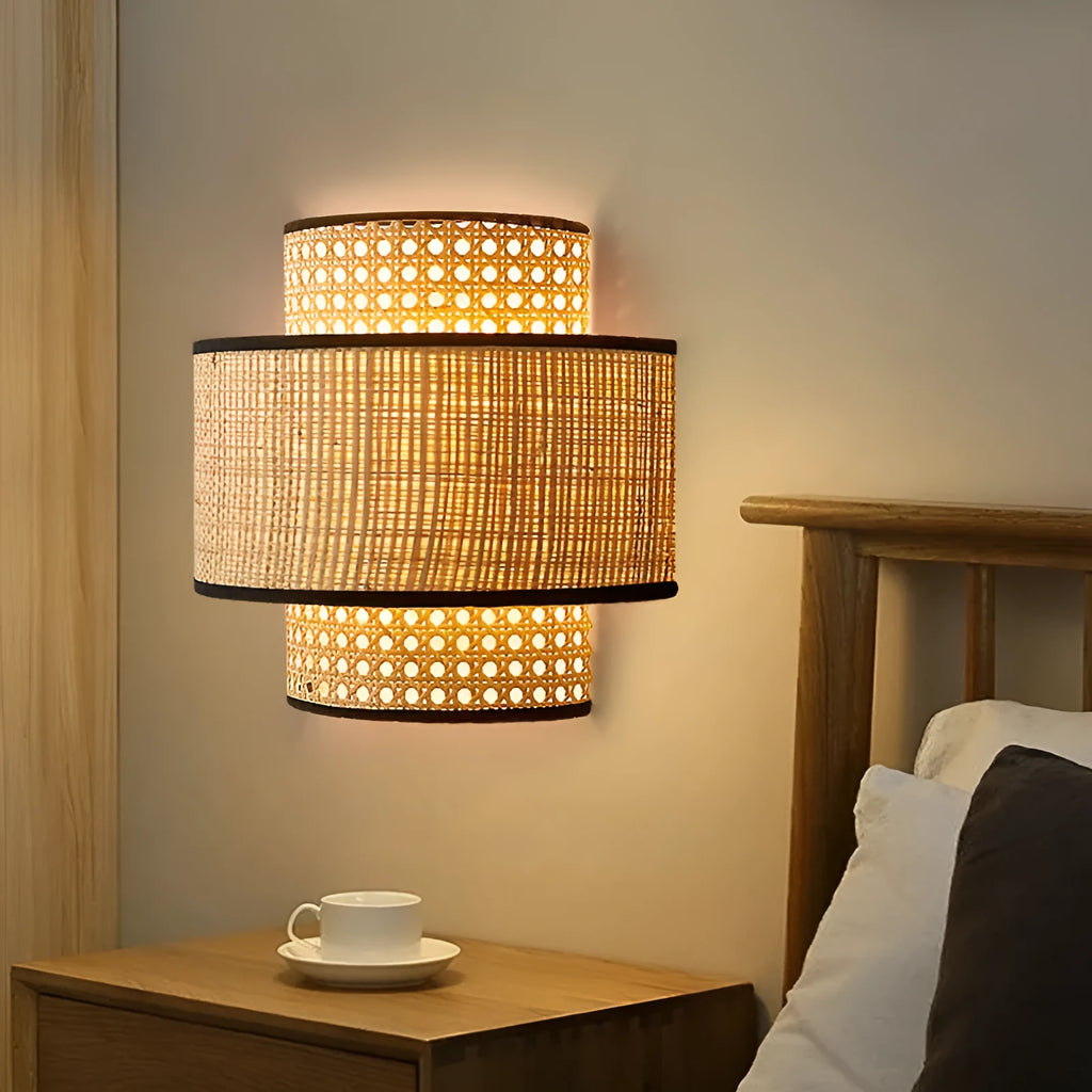 Retro rattan wall bedside lamp, 25cm diameter and 24cm height, LED 3000K, concealed wall installation