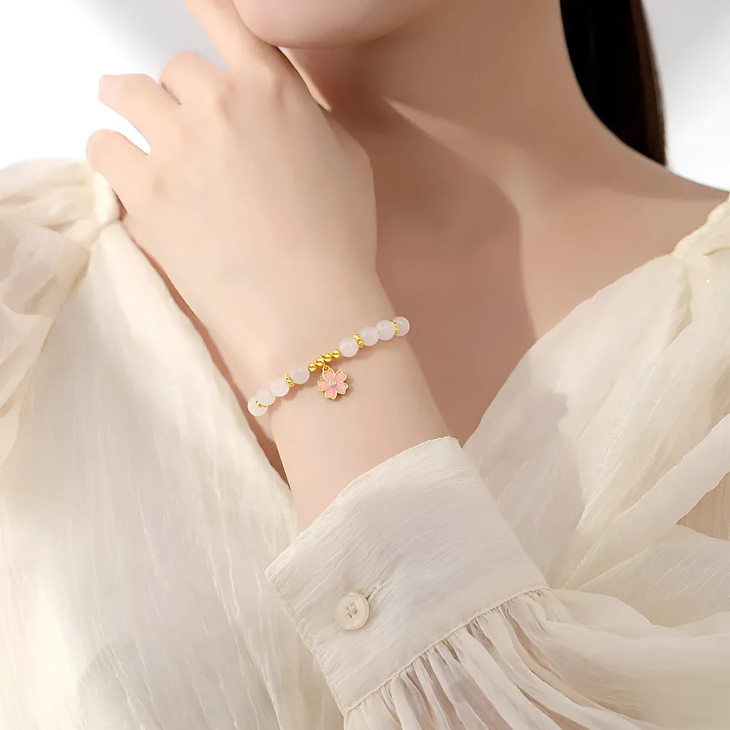 S925 silver bracelet with gradient pink cherry blossom epoxy pendant and Hetian jade beads