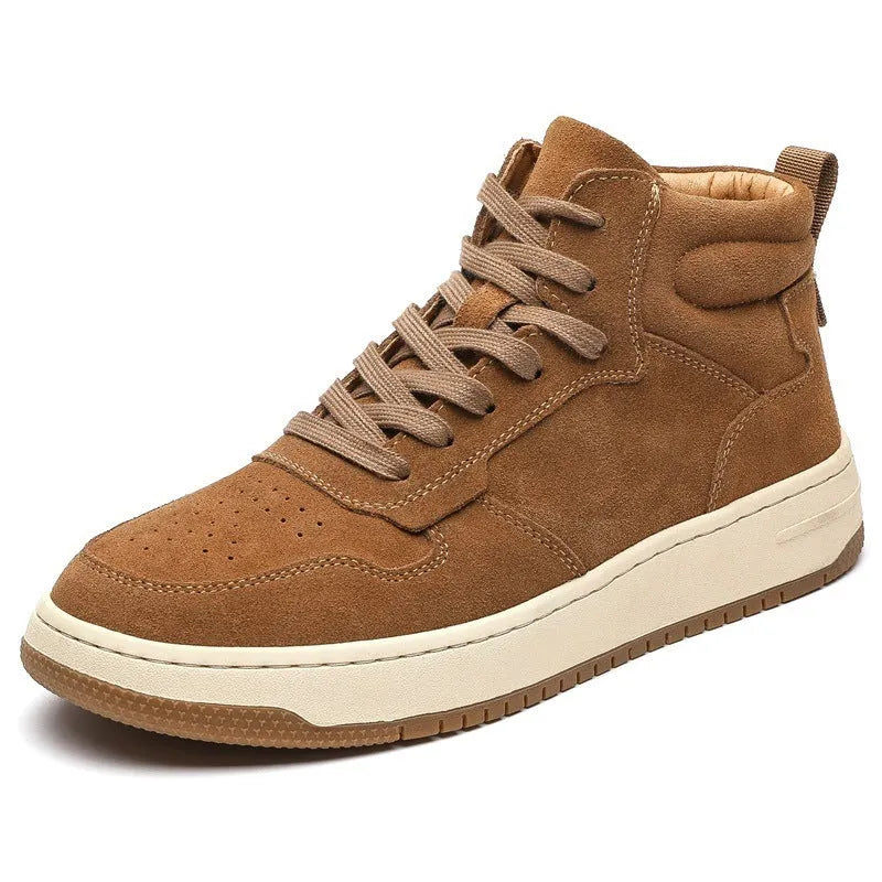 Brown cowhide mid-top Martin boots for men with front lace-up, beef tendon sole and 7-11cm middle mouth.