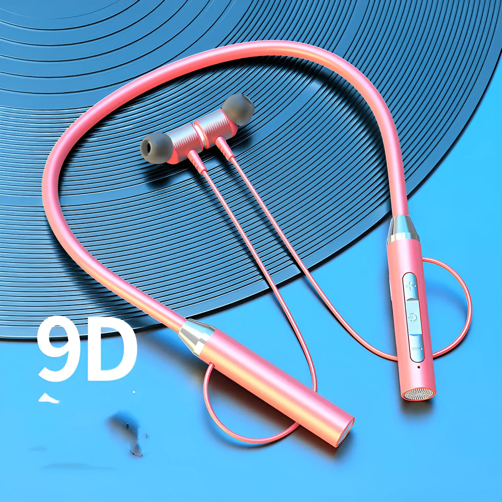 Neck-mounted wireless Bluetooth 5.0 stereo headset in black, pink, blue or red with 10 metre range