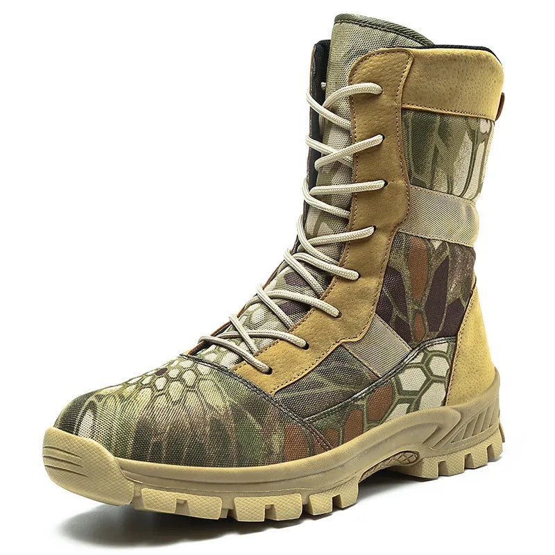 Men's black and camouflage high-top mesh Martin combat boots showing totem detail, side view.