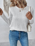 White loose fit long sleeve T-shirt with round neck and hollow polyester texture
