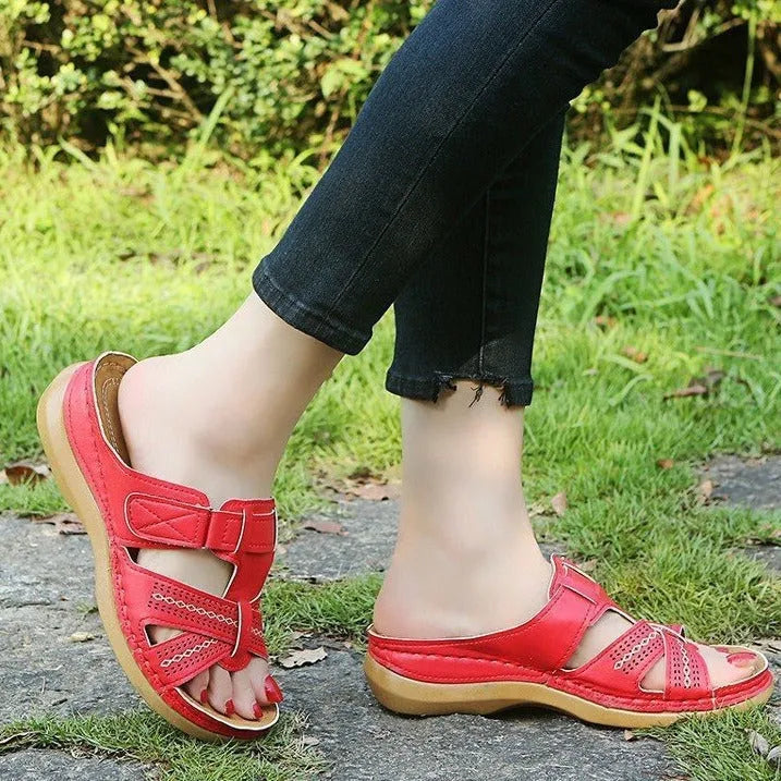 Women's wedge sandals with peep toe and Velcro closure in various colour options