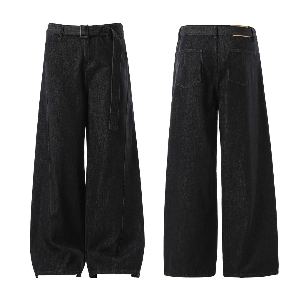 Black women's high waist straight leg jeans with gold detailing and a zip fly.