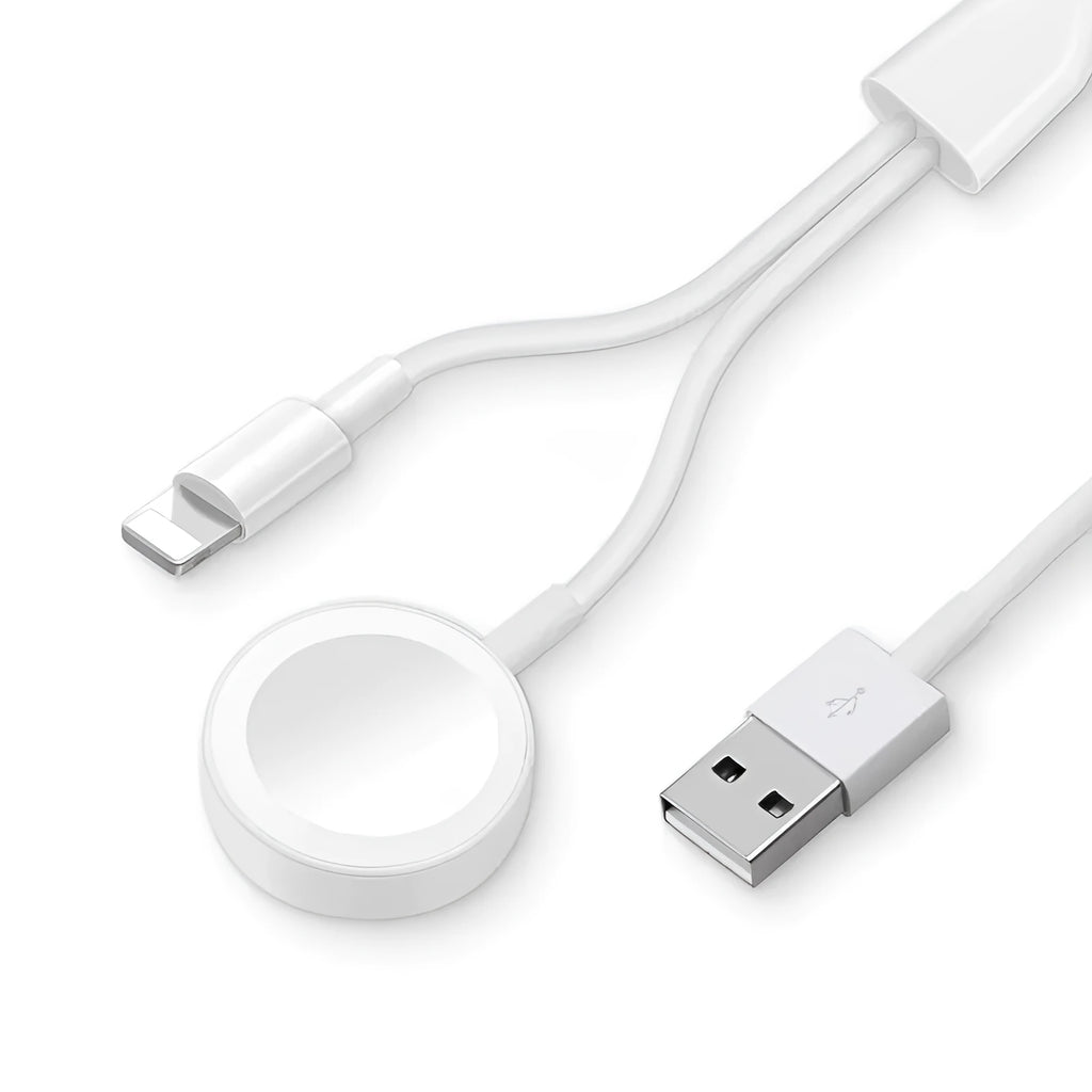 White two-in-one wireless watch charger with USB connectivity for 5V charging