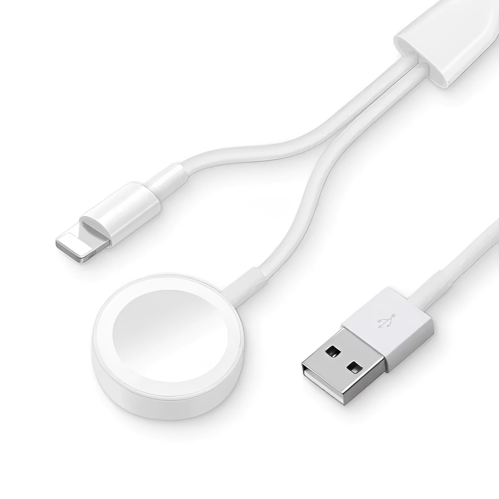 White two-in-one wireless watch charger with USB connectivity for 5V charging