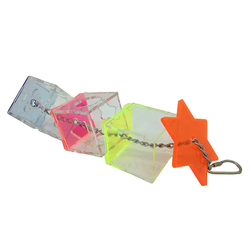 Clear acrylic parrot foraging toy measuring 5 cm by 5 cm by 32 cm with food hiding slots
