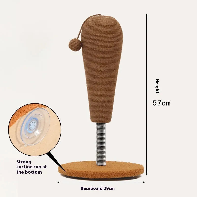 A hemp rope cat scratch board showing large and small size options with either a tumbler or cat grasping ball toy attached.
