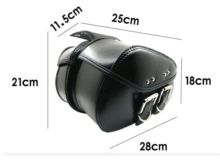 Black PU leather motorcycle saddlebags for left and right side storage, 28x18x12cm on a cruiser bike