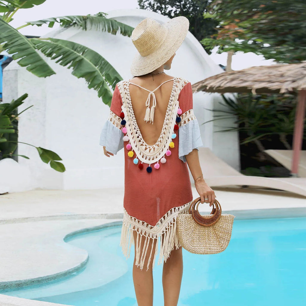 Orange beach overskirt with hand crochet stitching, bamboo cotton tassels, and floral pattern