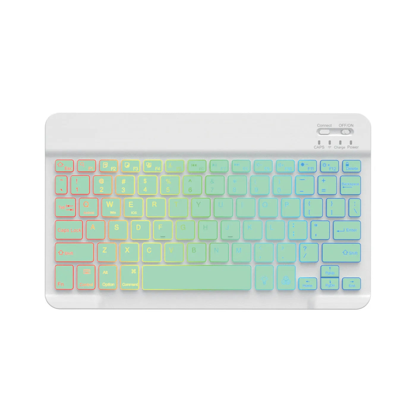 10-inch black Bluetooth keyboard with colourful LED backlighting for tablets on a desk.