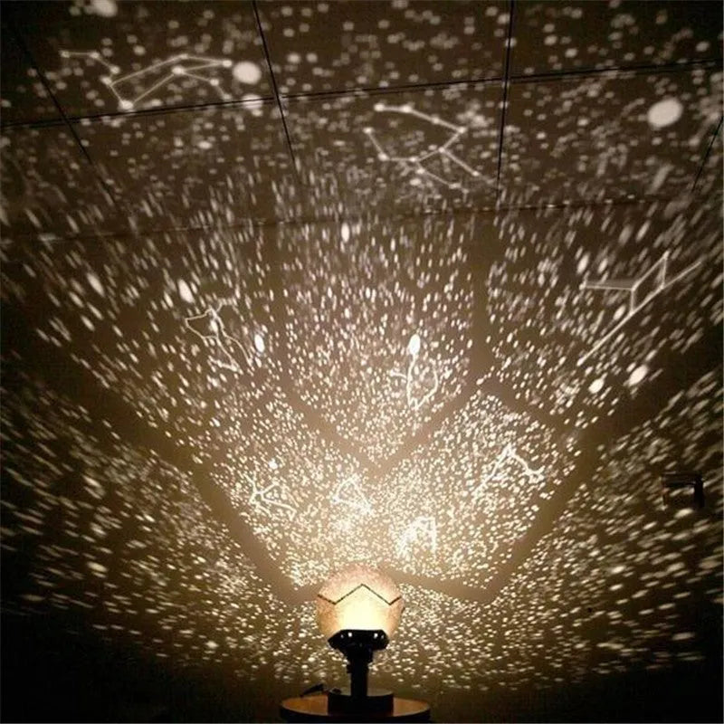 LED star projector night lamp showing constellation projection on bedroom ceiling with remote control