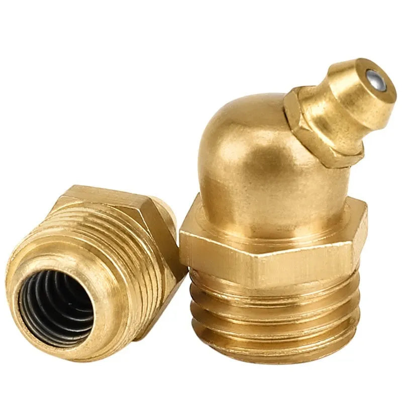 Pure copper head grease nipple with brass body, 45 degree and 90 degree bend options, British thread sizes M5 to M20.