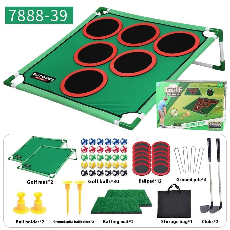 Children's Velcro golf suit toy with plastic and flannel target, available in single or double frame styles, colour box packaging