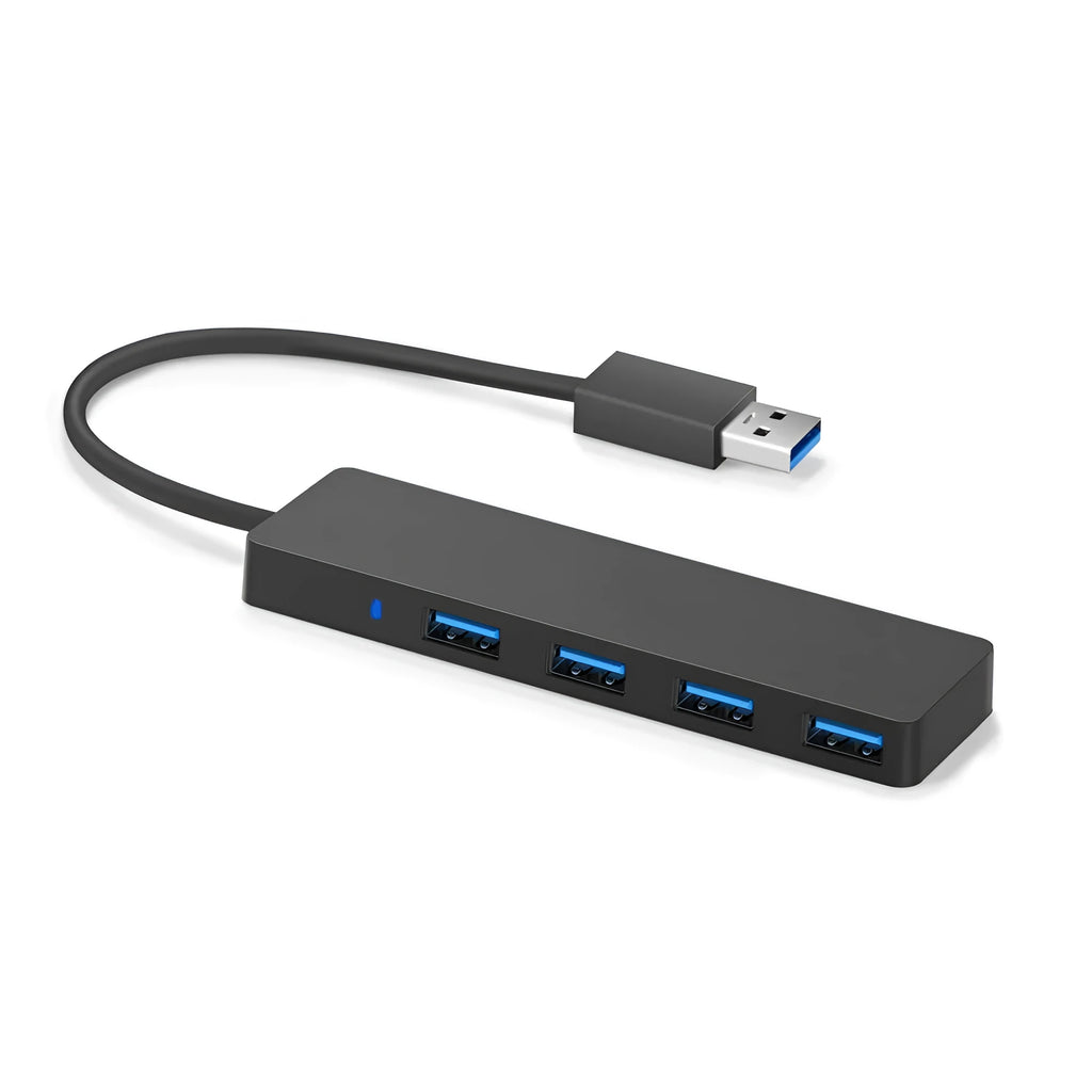 Black USB 3.0 hub with four ports, a 30cm cable, and LED indicator lights.