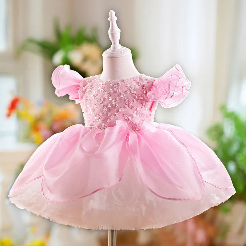Children flounced sleeve pettiskirt birthday dress in pink polyester fibre for girls 80-160cm