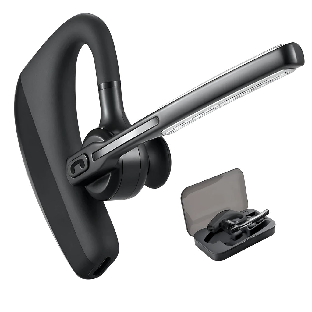 Black wireless Bluetooth headset with charging compartment showing independent ear pieces