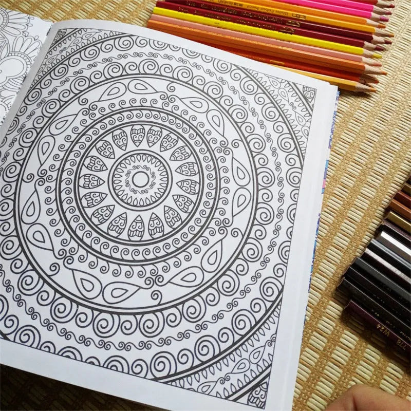 Mandala unzip colouring book showing binder binding and 21cm square dimensions