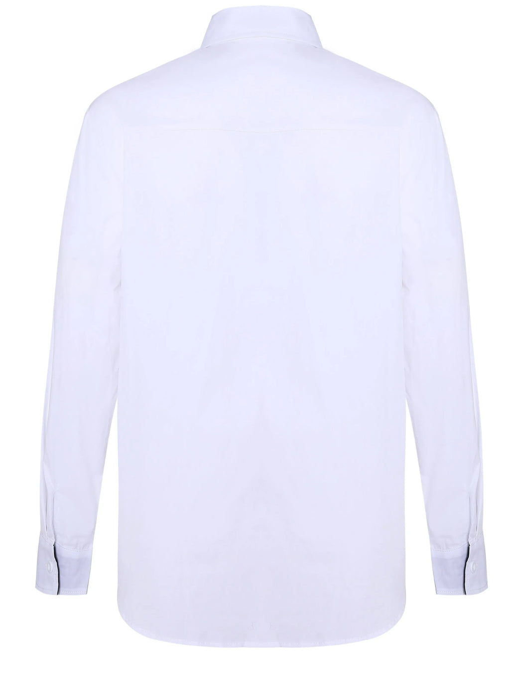 White long-sleeved shirt for teenage men with black contrast collar, cuffs and inner placket, button-down front