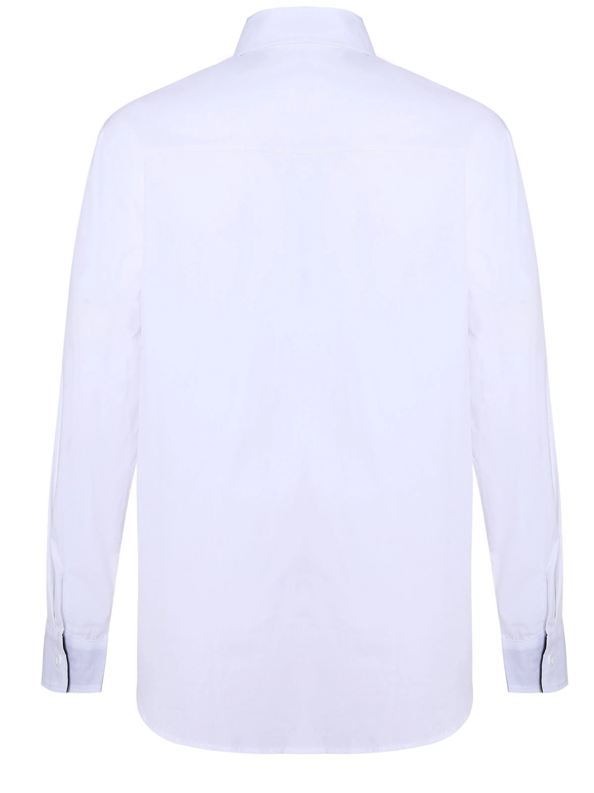 White long-sleeved shirt for teenage men with black contrast collar, cuffs and inner placket, button-down front