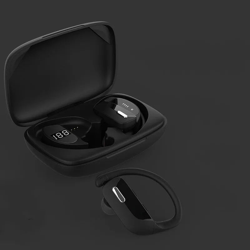 Black wireless Bluetooth headset with hanging ear design and LED display showing battery status