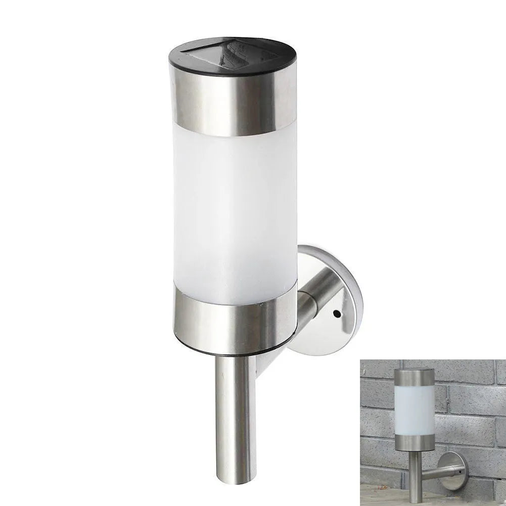 White solar wall light with stainless steel mount measuring 7.6x12x25cm