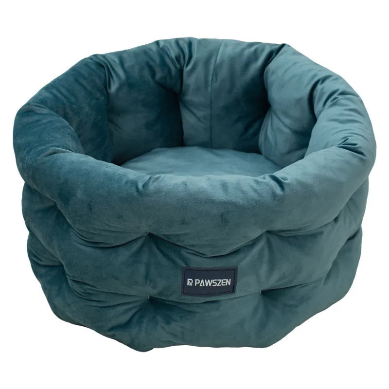 Cloth cat bed in beige on floor, medium size 48x26cm for cage or indoor use