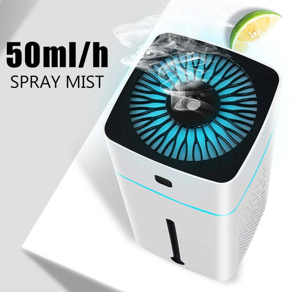 Black or white USB-powered desktop humidifier with 1000ml water tank.