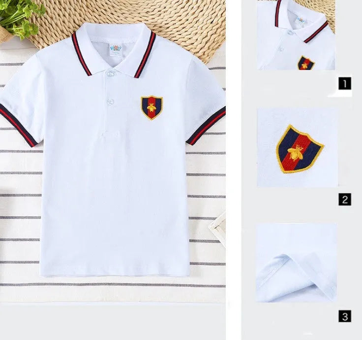 Boy's red short-sleeve cotton t-shirt with a lapel collar in a Korean style.