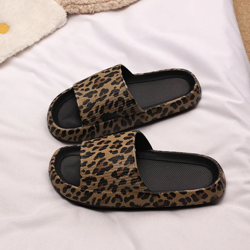 Women's leopard print slippers with thick EVA sole in Korean style, showing colour options.