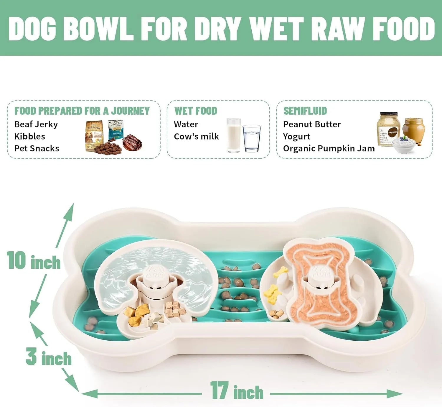 Large green slow feeder dog bowl with puzzle ridges and non-slip base for dry and wet food